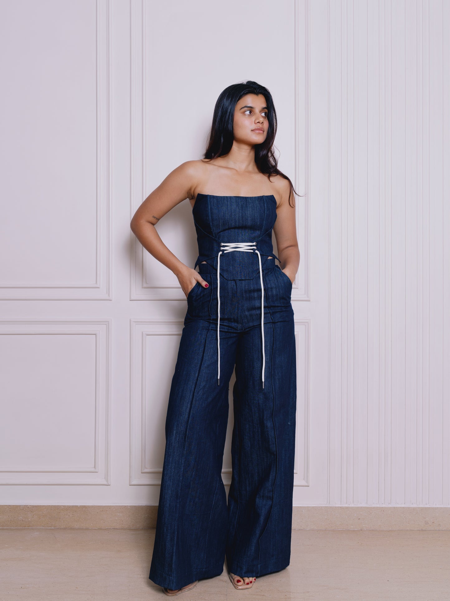 DENIM PLEATED TROUSERS