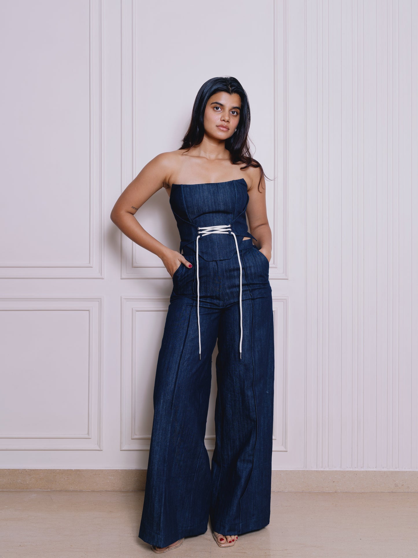 DENIM PLEATED TROUSERS