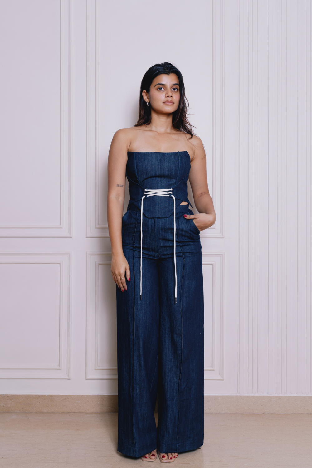 DENIM PLEATED TROUSERS