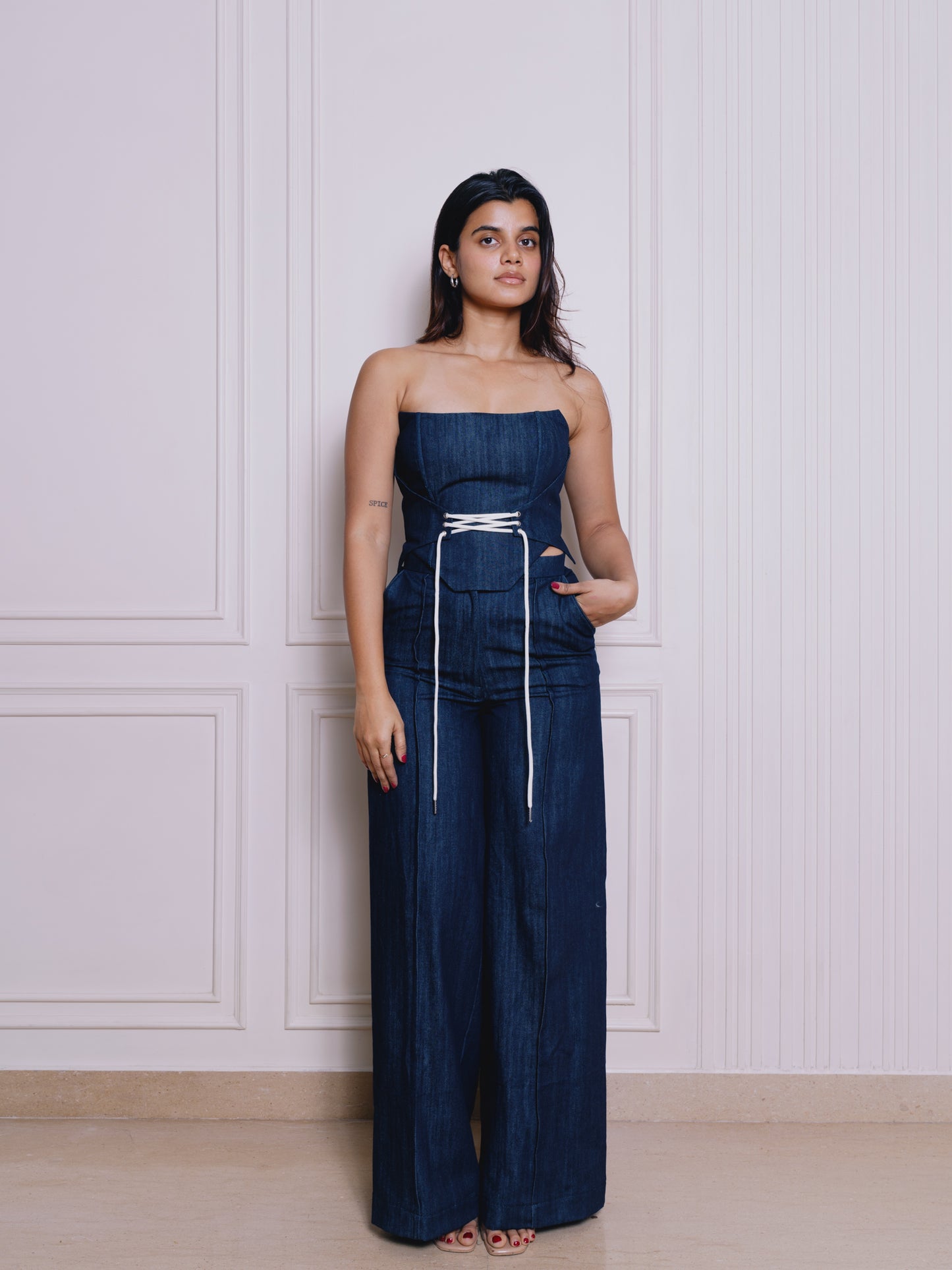 DENIM PLEATED TROUSERS