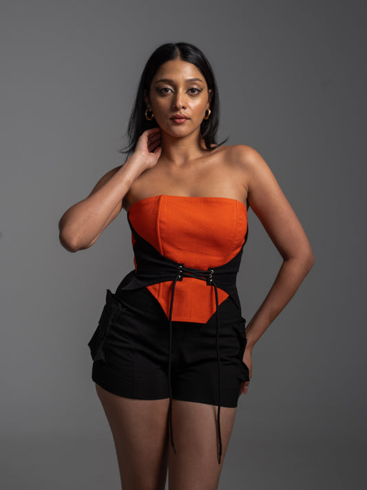 TIE ME TIGHT - ORANGE & BLACK (CORSET + SHORTS)