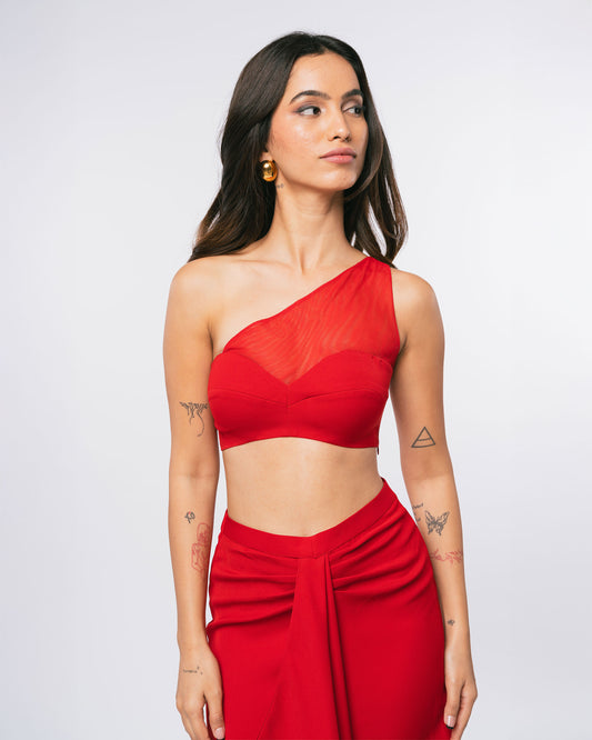 RED ONE SHOULDER MESH BRALETTE